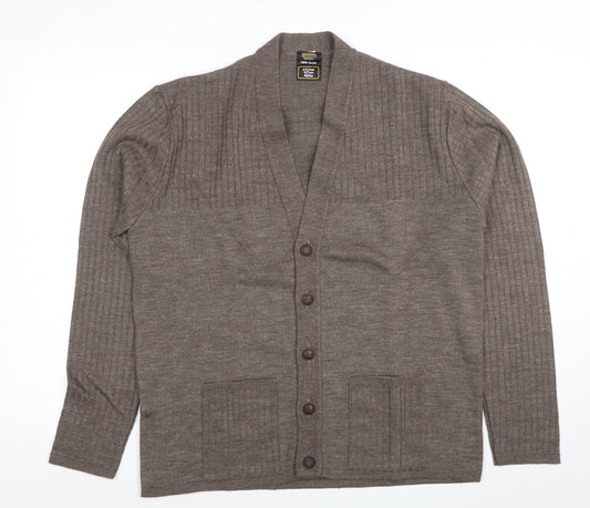 Keynote Mens Brown L Acrylic Button Cardigan Knit V-Neck Jumper