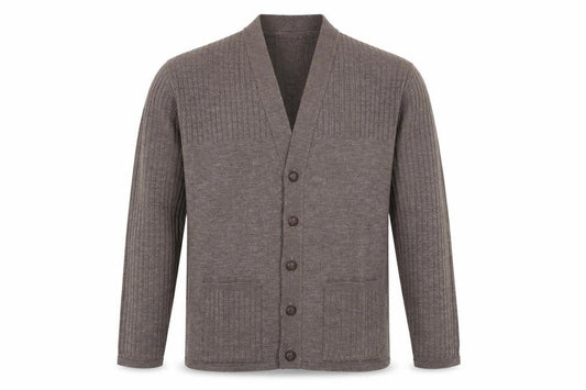 Front view of Keynote men’s brown l acrylic button cardigan knit v-neck jumper