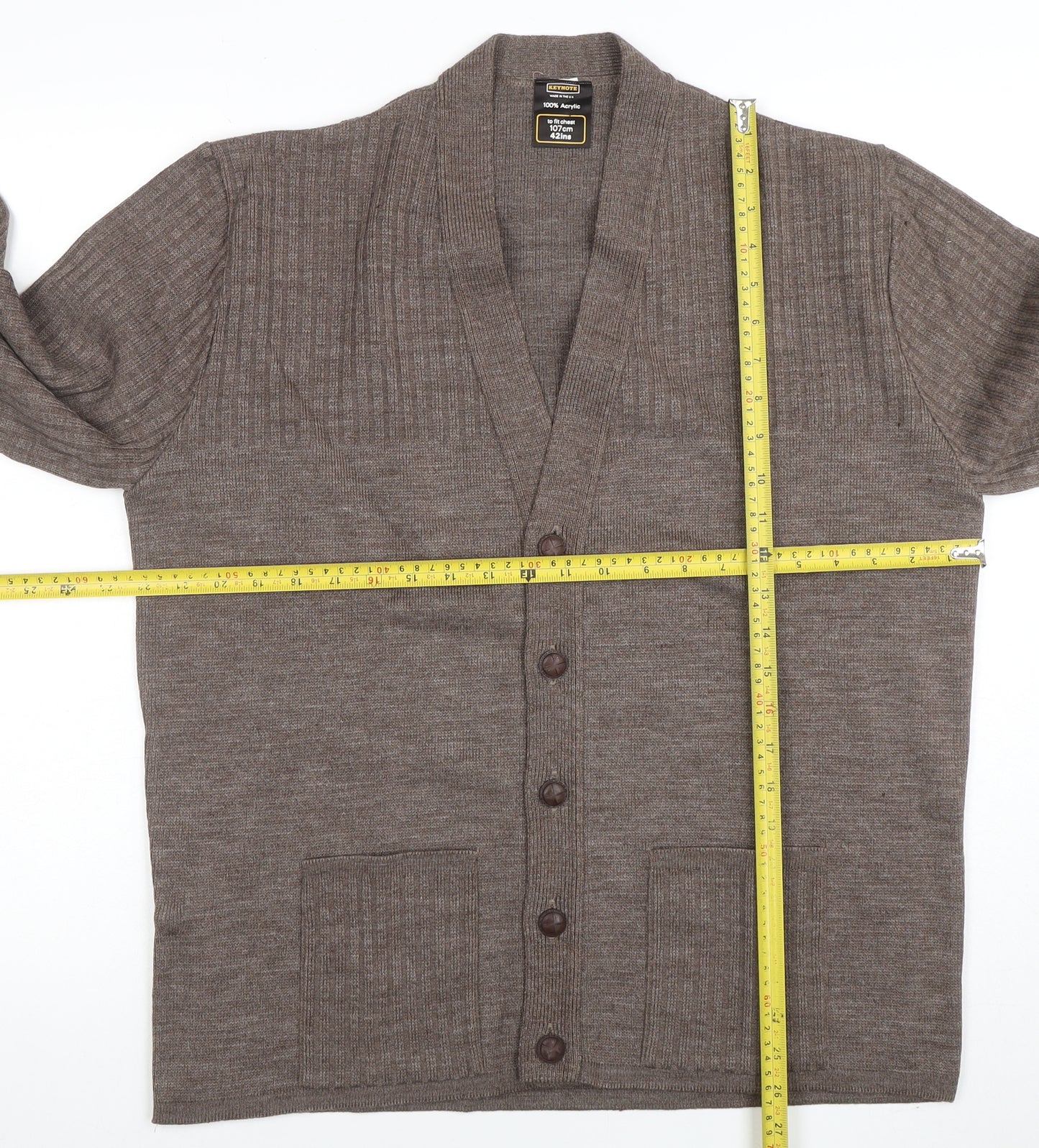 Keynote Mens Brown L Acrylic Button Cardigan Knit V-Neck Jumper