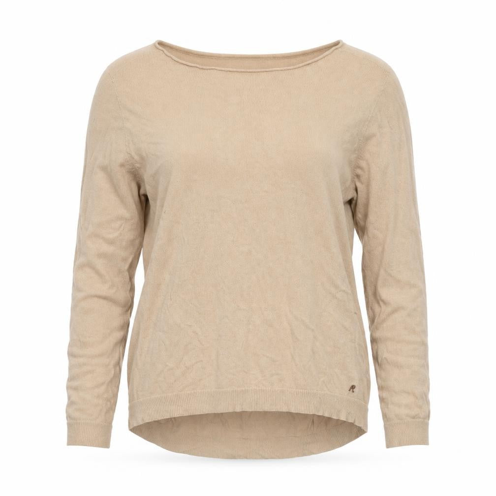 Front view of Replay women’s beige knit crew neck long sleeve jumper, size S