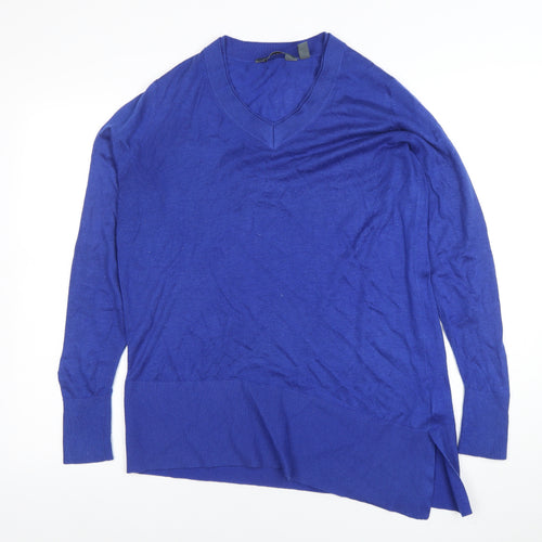 Lands’ End Women Blue V-Neck Lightweight Cotton Blend Jumper Size S