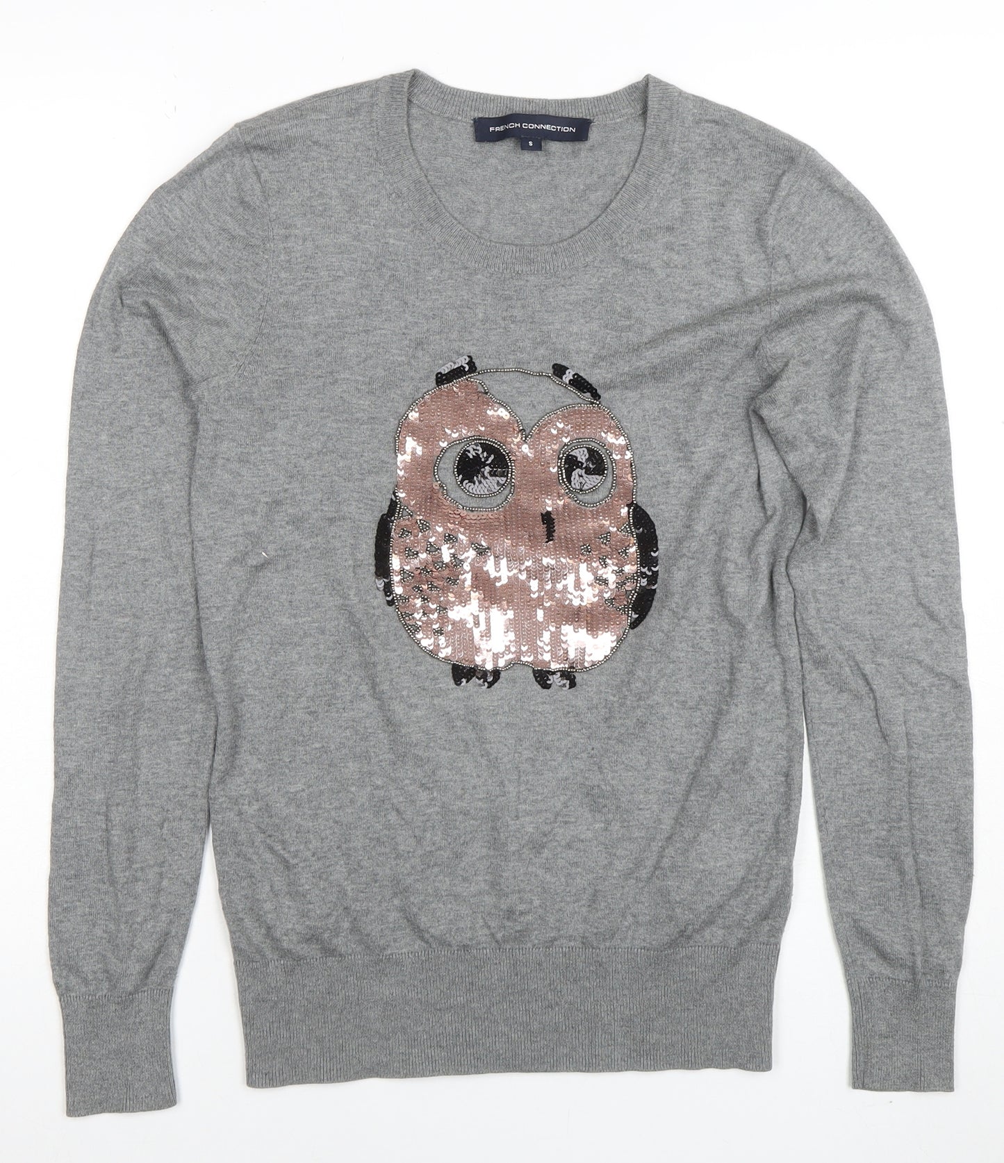 French Connection Women’s Grey Sequin Owl Jumper Size S