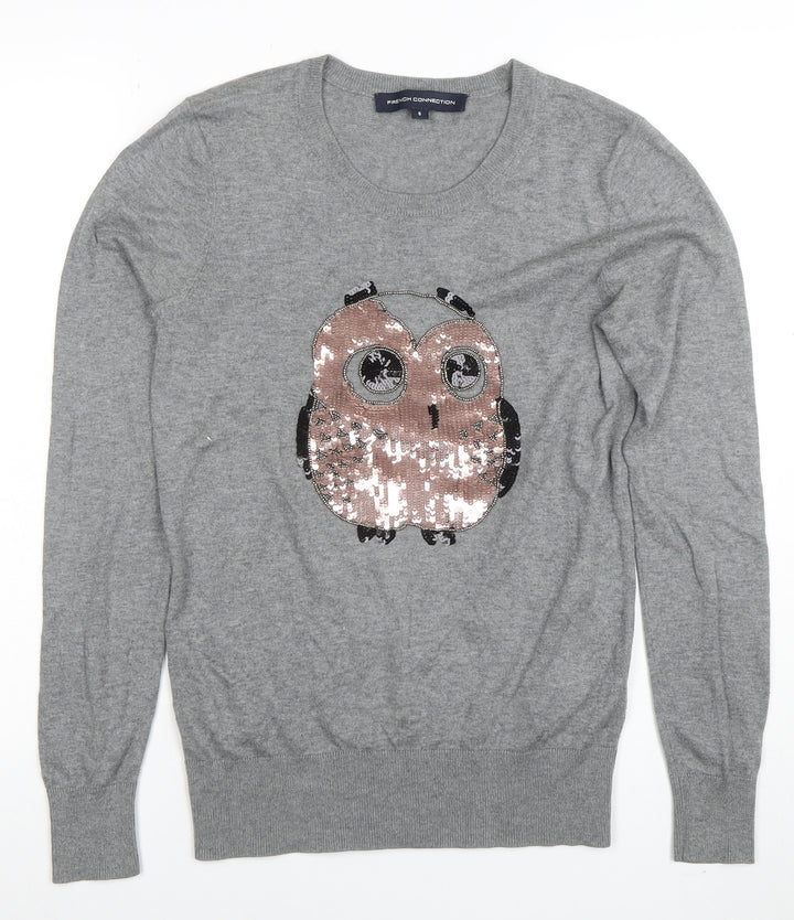 French Connection Women’s Grey Sequin Owl Jumper Size S