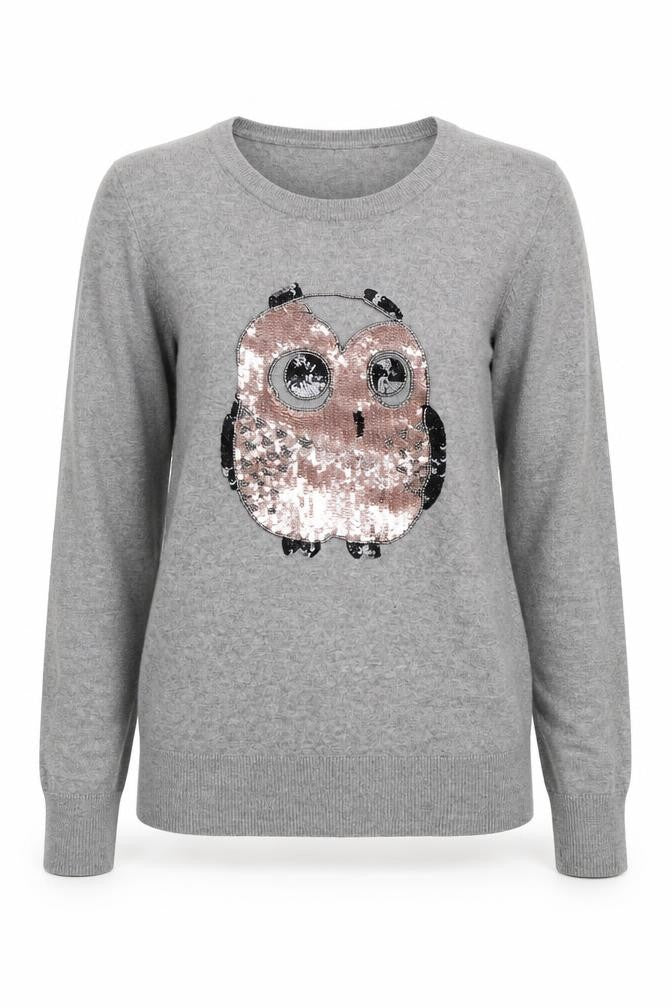 French Connection Women’s Grey Sequin Owl Jumper Size S