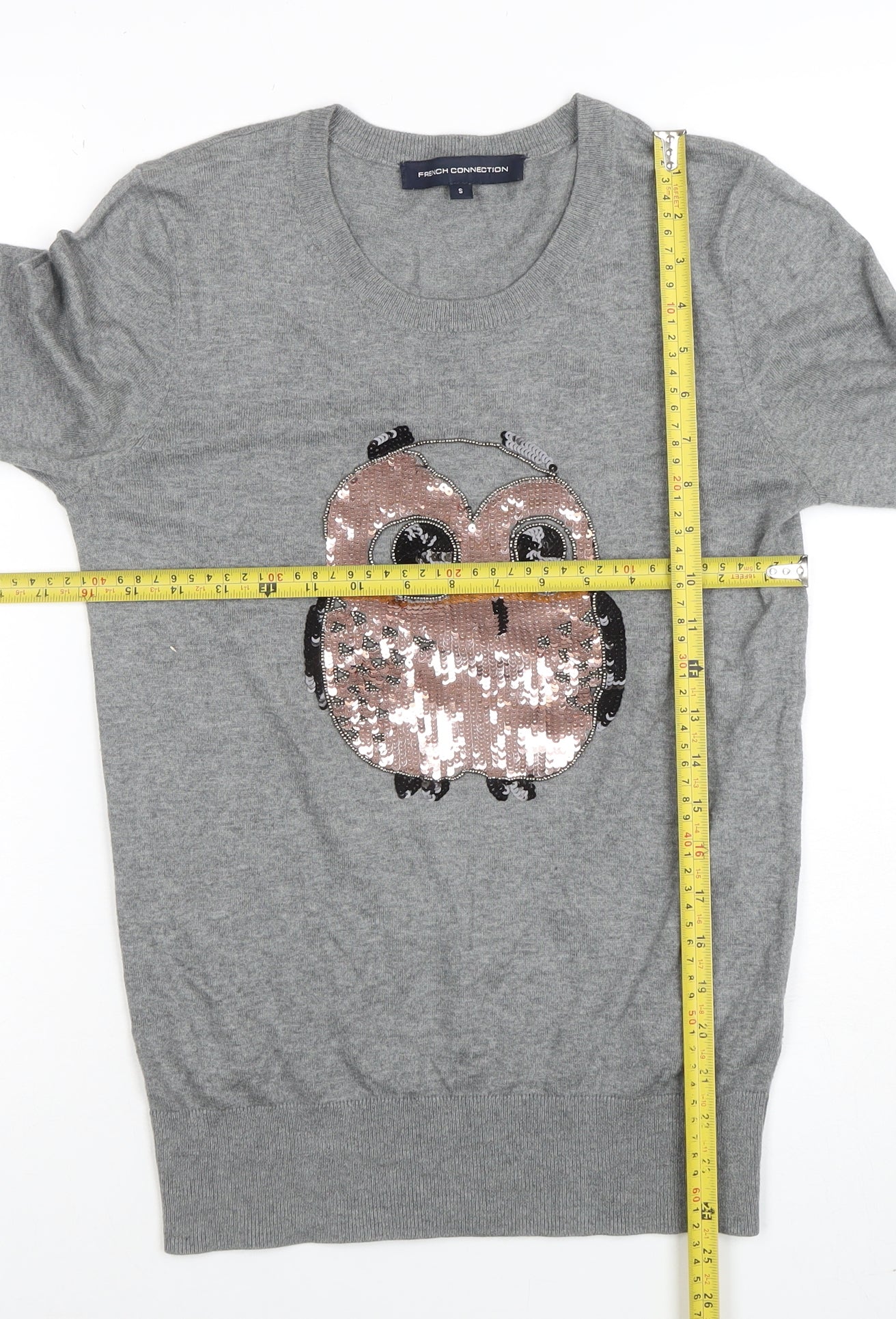 French Connection Women’s Grey Sequin Owl Jumper Size S