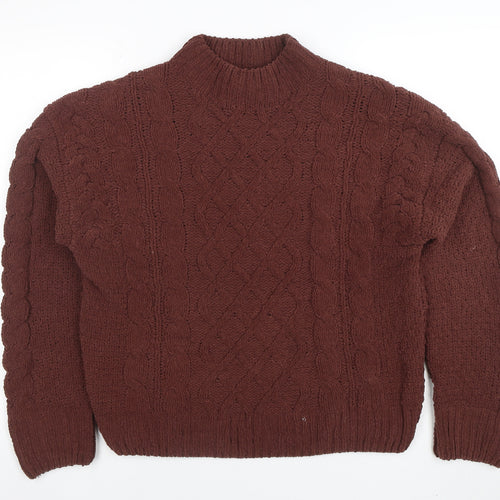 Primark Women Brown Cable-Knit Jumper Size S Mock Neck Long Sleeve