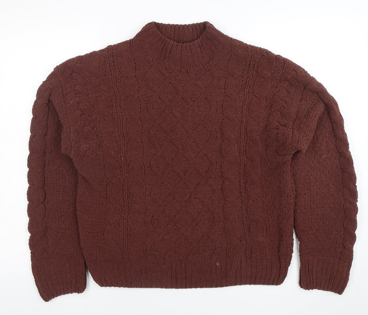 Primark Women Brown Cable-Knit Jumper Size S Mock Neck Long Sleeve