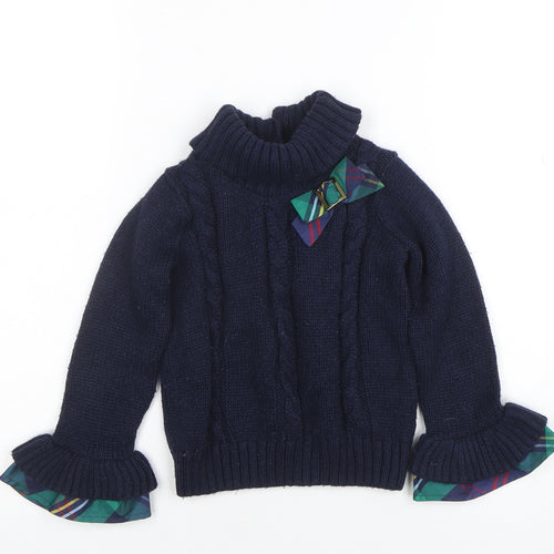 Janie and Jack Girls Navy Blue Cable Knit Henley Jumper with Bow 4 Years