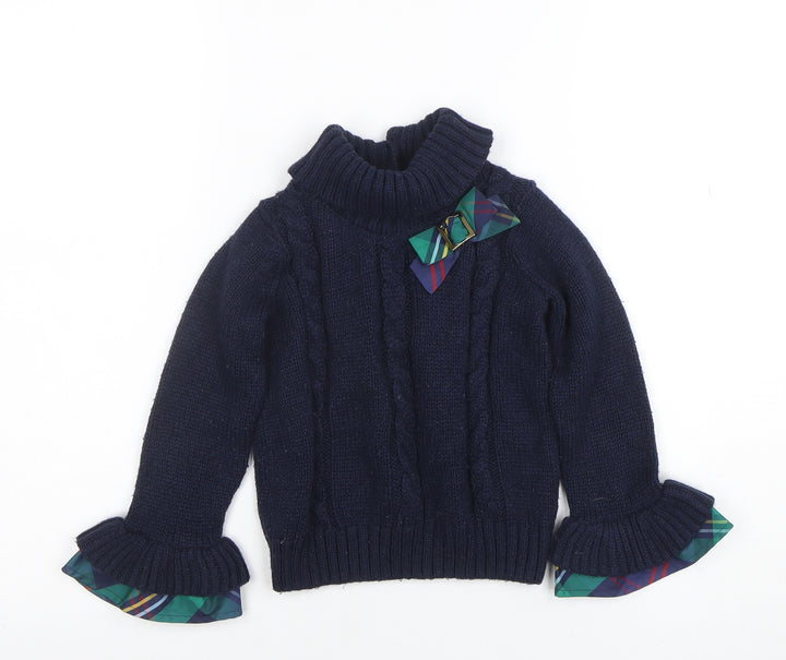 Janie and Jack Girls Navy Blue Cable Knit Henley Jumper with Bow 4 Years