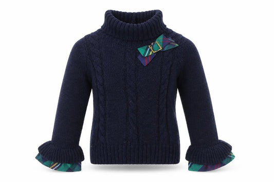 Front view of Janie and Jack girls’ navy blue cable knit henley jumper with bow 4 years