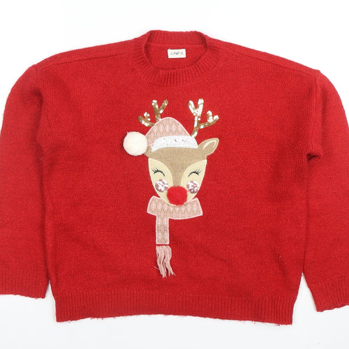 F&F Girls Red Reindeer Christmas Pullover Jumper 9-10 Years Sequin Detail