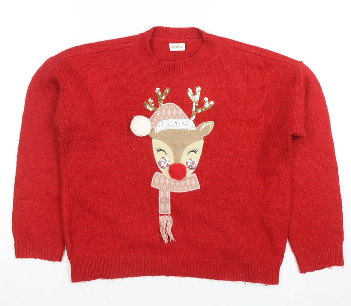 F&F Girls Red Reindeer Christmas Pullover Jumper 9-10 Years Sequin Detail