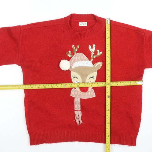 F&F Girls Red Reindeer Christmas Pullover Jumper 9-10 Years Sequin Detail