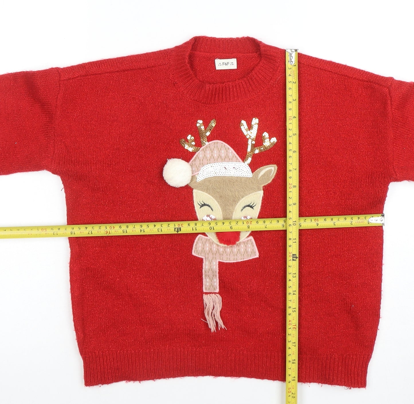 F&F Girls Red Reindeer Christmas Pullover Jumper 9-10 Years Sequin Detail