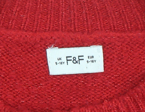 F&F Girls Red Reindeer Christmas Pullover Jumper 9-10 Years Sequin Detail