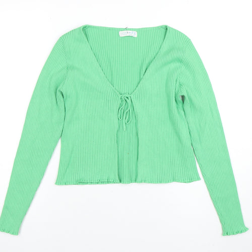 Primark Women Green Ribbed Tie Front V-Neck Cardigan M