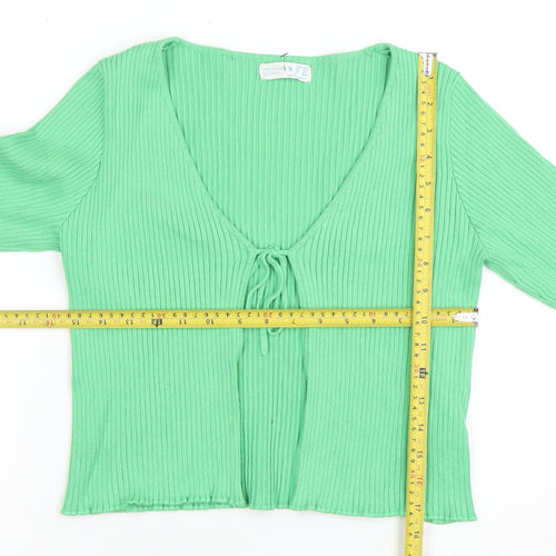 Primark Women Green Ribbed Tie Front V-Neck Cardigan M