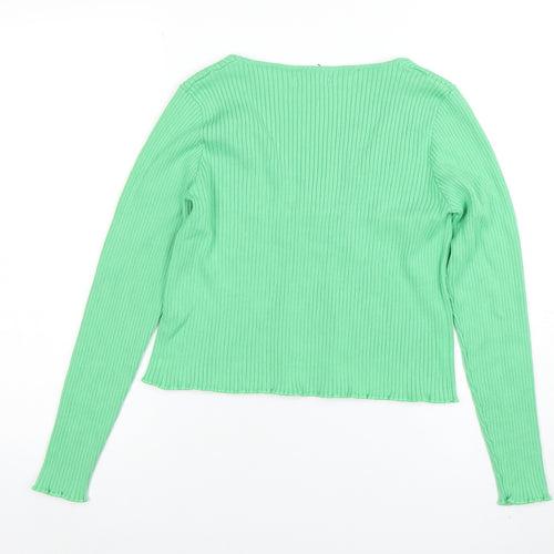 Primark Women Green Ribbed Tie Front V-Neck Cardigan M