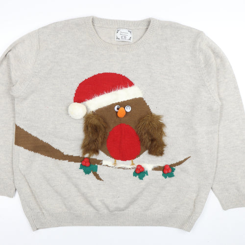 Atmosphere Women's Beige Christmas Robin Jumper XL Knit Pullover