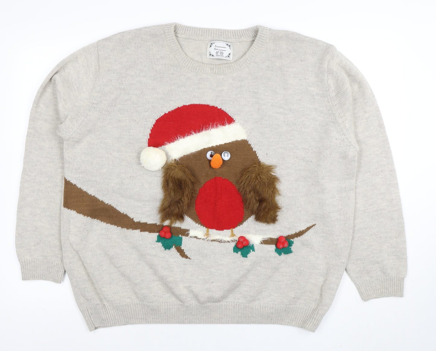 Atmosphere Women's Beige Christmas Robin Jumper XL Knit Pullover