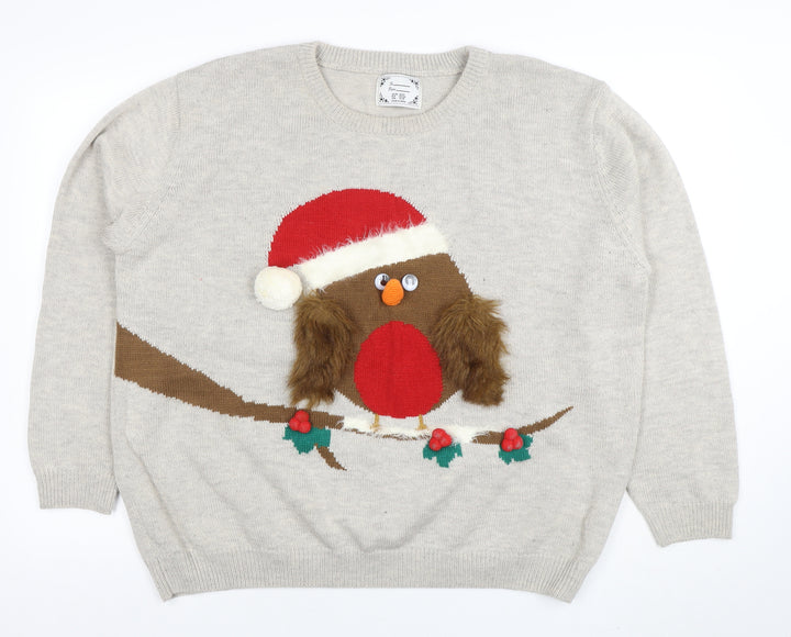 Atmosphere Women's Beige Christmas Robin Jumper XL Knit Pullover