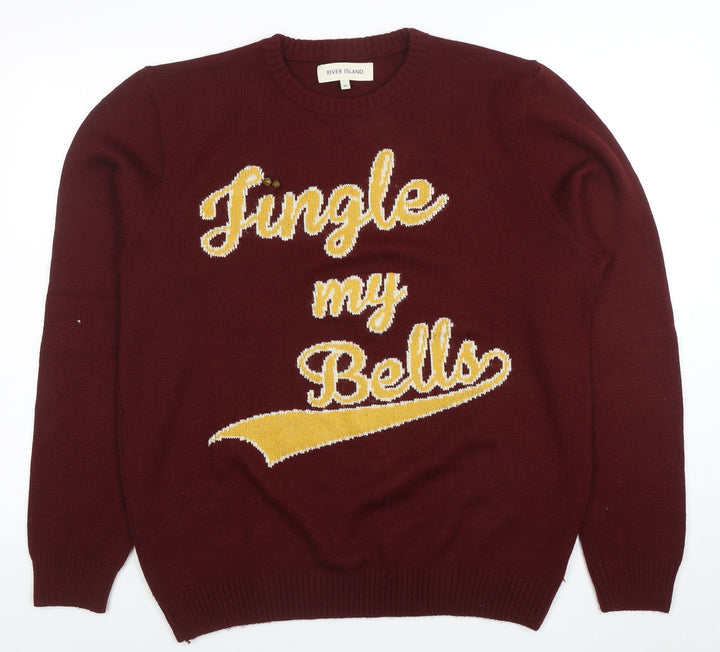 River Island Men Red XL Christmas Funny Crew Neck Pullover Jumper