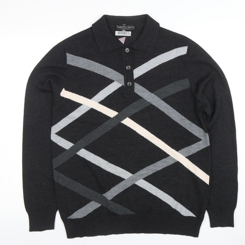 Roberto Sarto Men Black Wool Geometric Collared Henley Jumper M