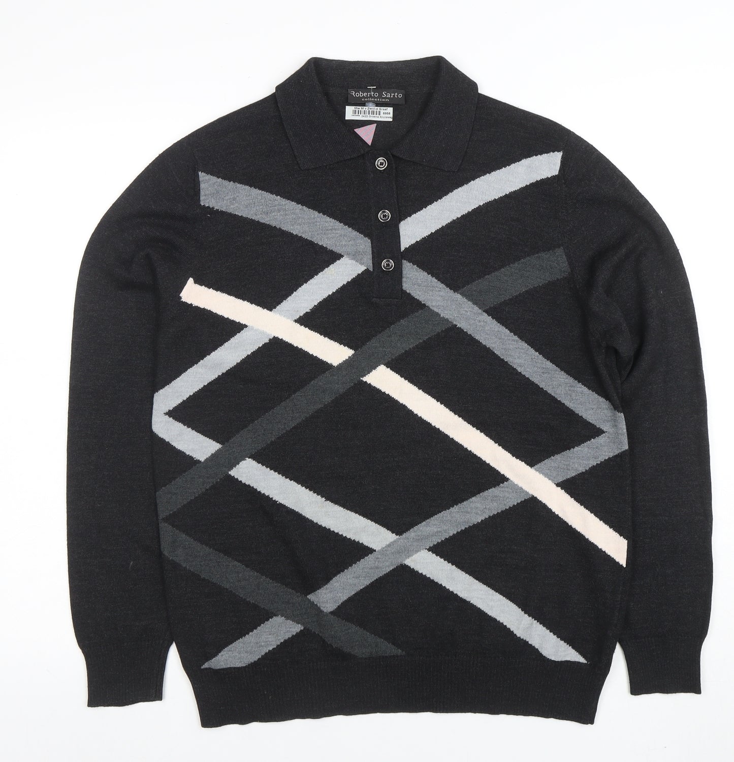 Roberto Sarto Men Black Wool Geometric Collared Henley Jumper M