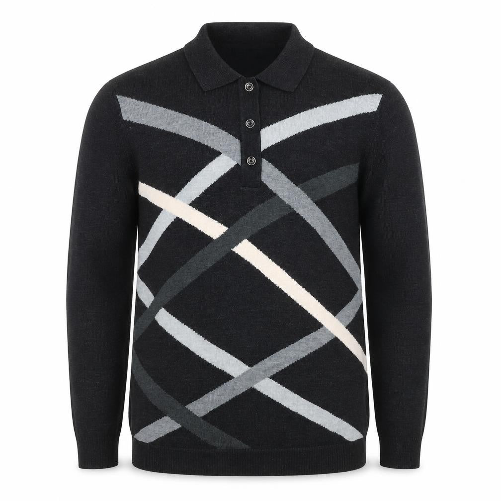 Front view of Roberto Sarto Men Black Wool Geometric Collared Henley Jumper M