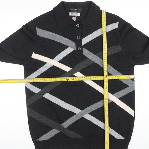 Roberto Sarto Men Black Wool Geometric Collared Henley Jumper M