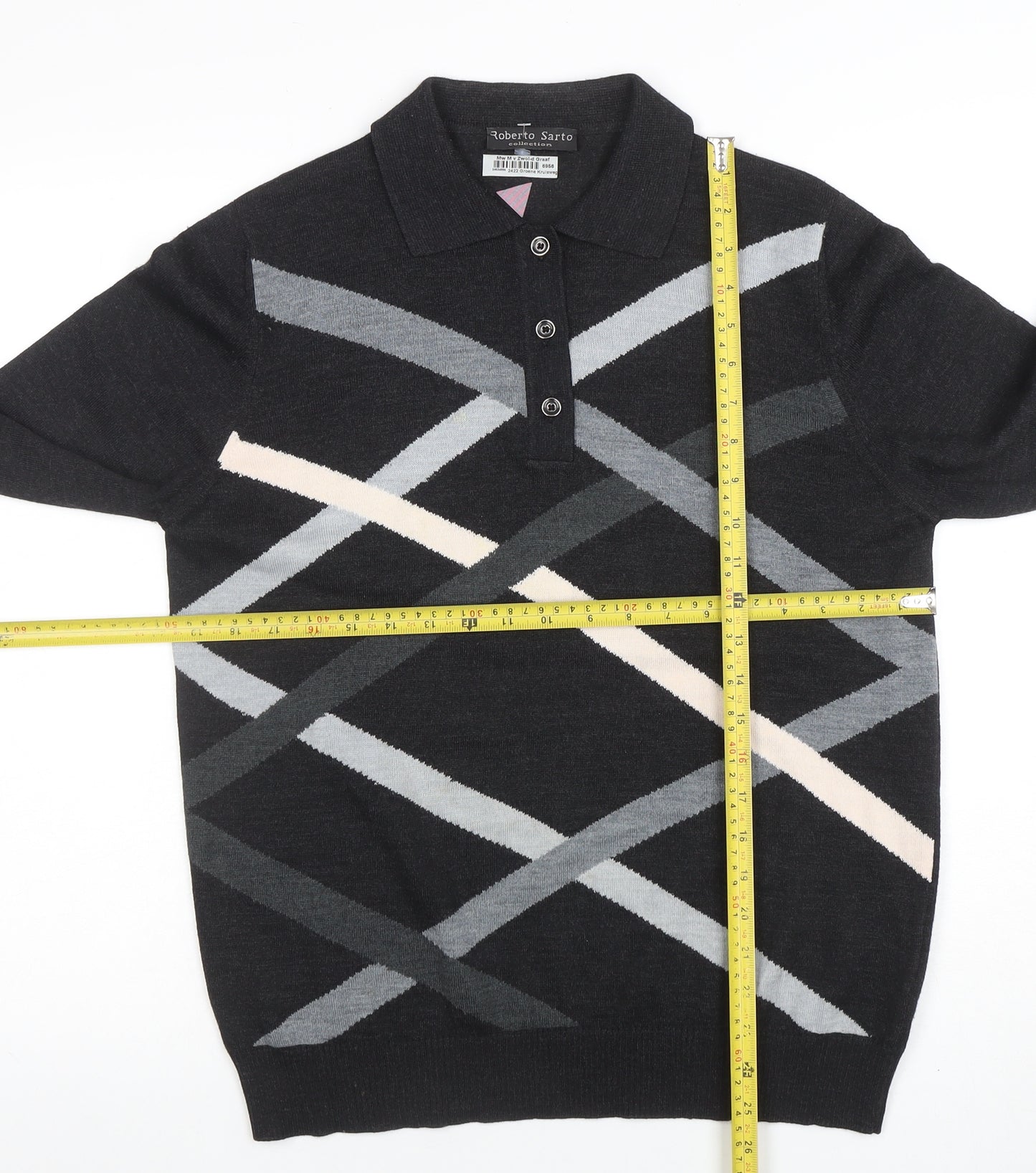 Roberto Sarto Men Black Wool Geometric Collared Henley Jumper M