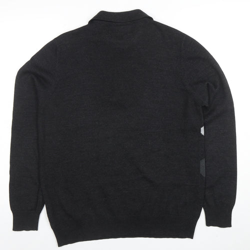 Roberto Sarto Men Black Wool Geometric Collared Henley Jumper M