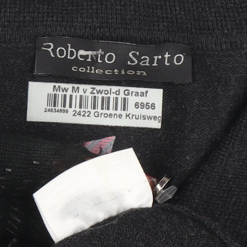 Roberto Sarto Men Black Wool Geometric Collared Henley Jumper M