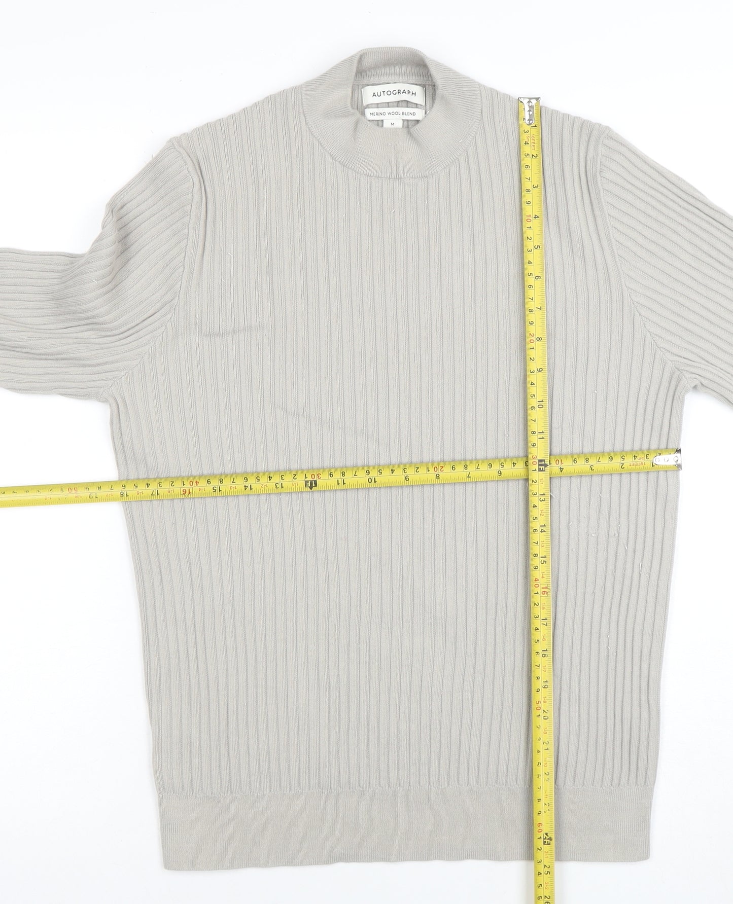 Marks and Spencer Men’s Beige Merino Wool Blend Ribbed Jumper M