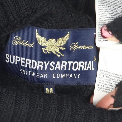 Superdry Women Black Roll Neck Cable-Knit Wool Jumper Size M