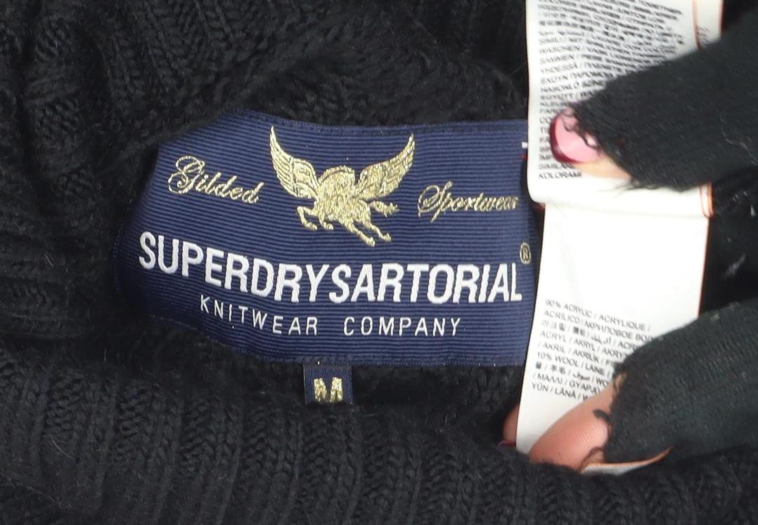 Superdry Women Black Roll Neck Cable-Knit Wool Jumper Size M