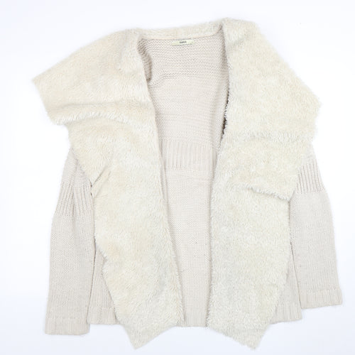 Oasis Women Beige Faux Fur Trim Open Knit Cardigan Size S