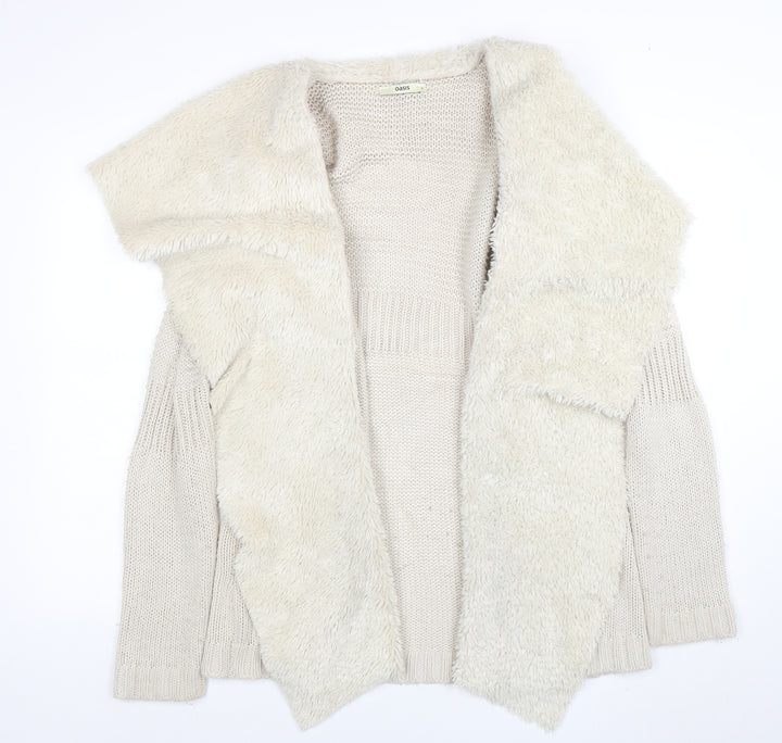 Oasis Women Beige Faux Fur Trim Open Knit Cardigan Size S