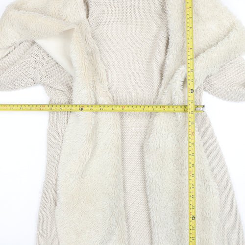 Oasis Women Beige Faux Fur Trim Open Knit Cardigan Size S
