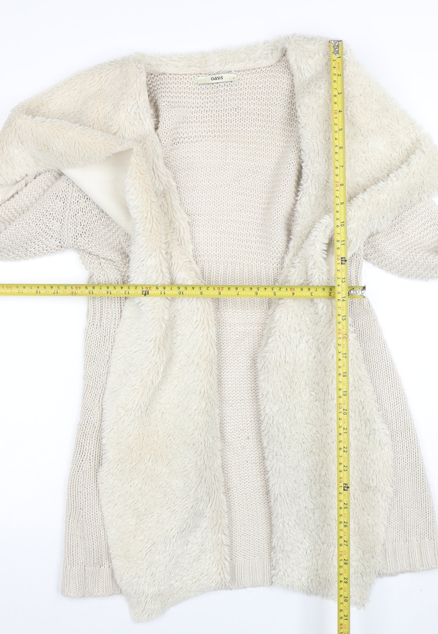 Oasis Women Beige Faux Fur Trim Open Knit Cardigan Size S