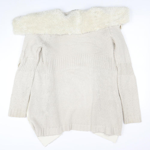 Oasis Women Beige Faux Fur Trim Open Knit Cardigan Size S