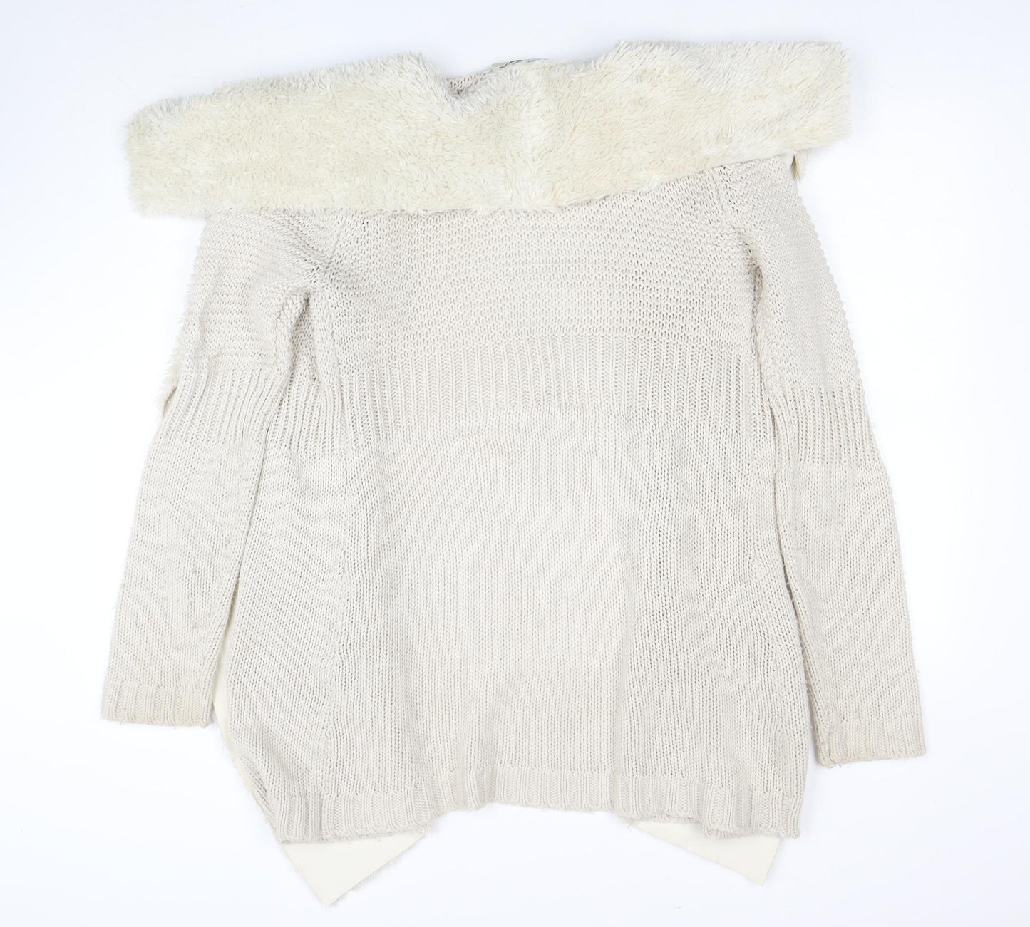 Oasis Women Beige Faux Fur Trim Open Knit Cardigan Size S