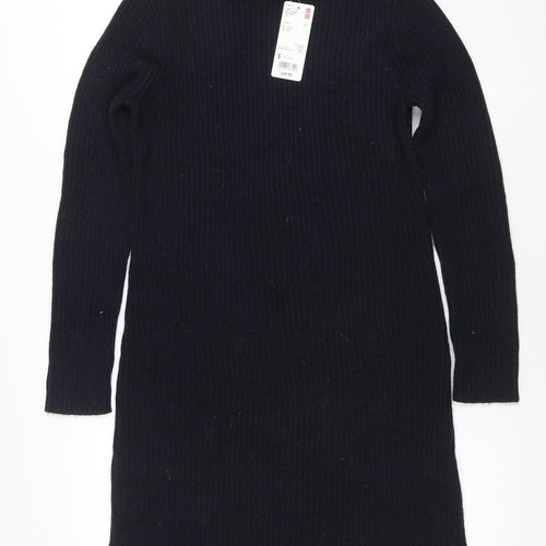 Uniqlo Women Black Knit Bodycon High Neck Long Sleeve Dress S