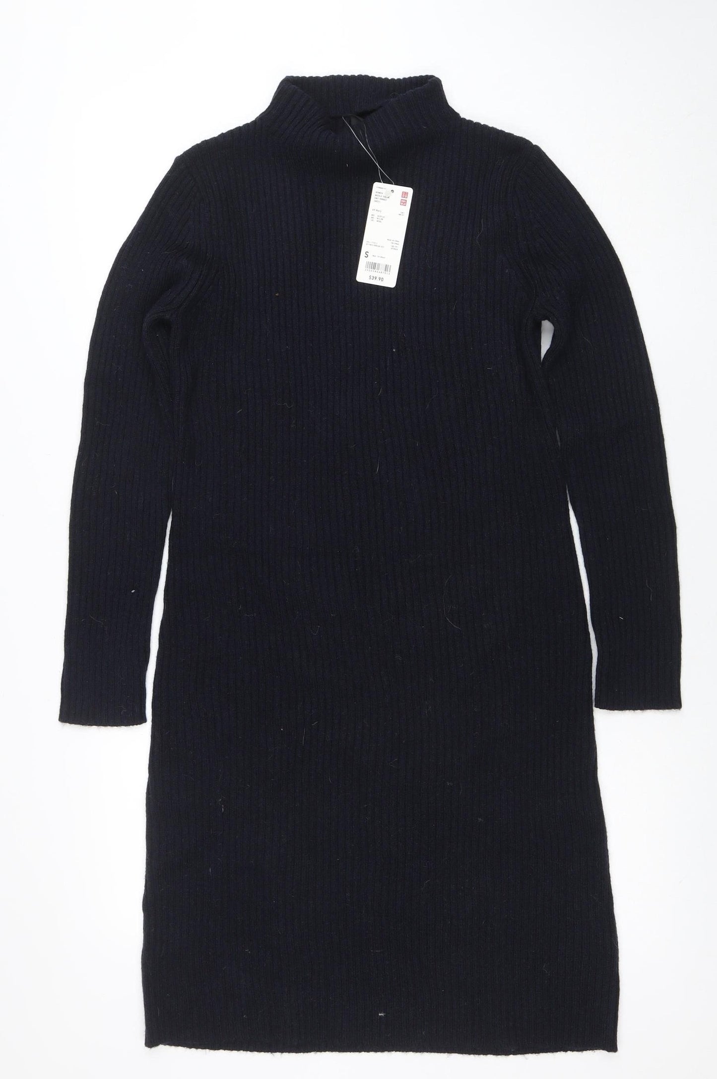 Uniqlo Women Black Knit Bodycon High Neck Long Sleeve Dress S