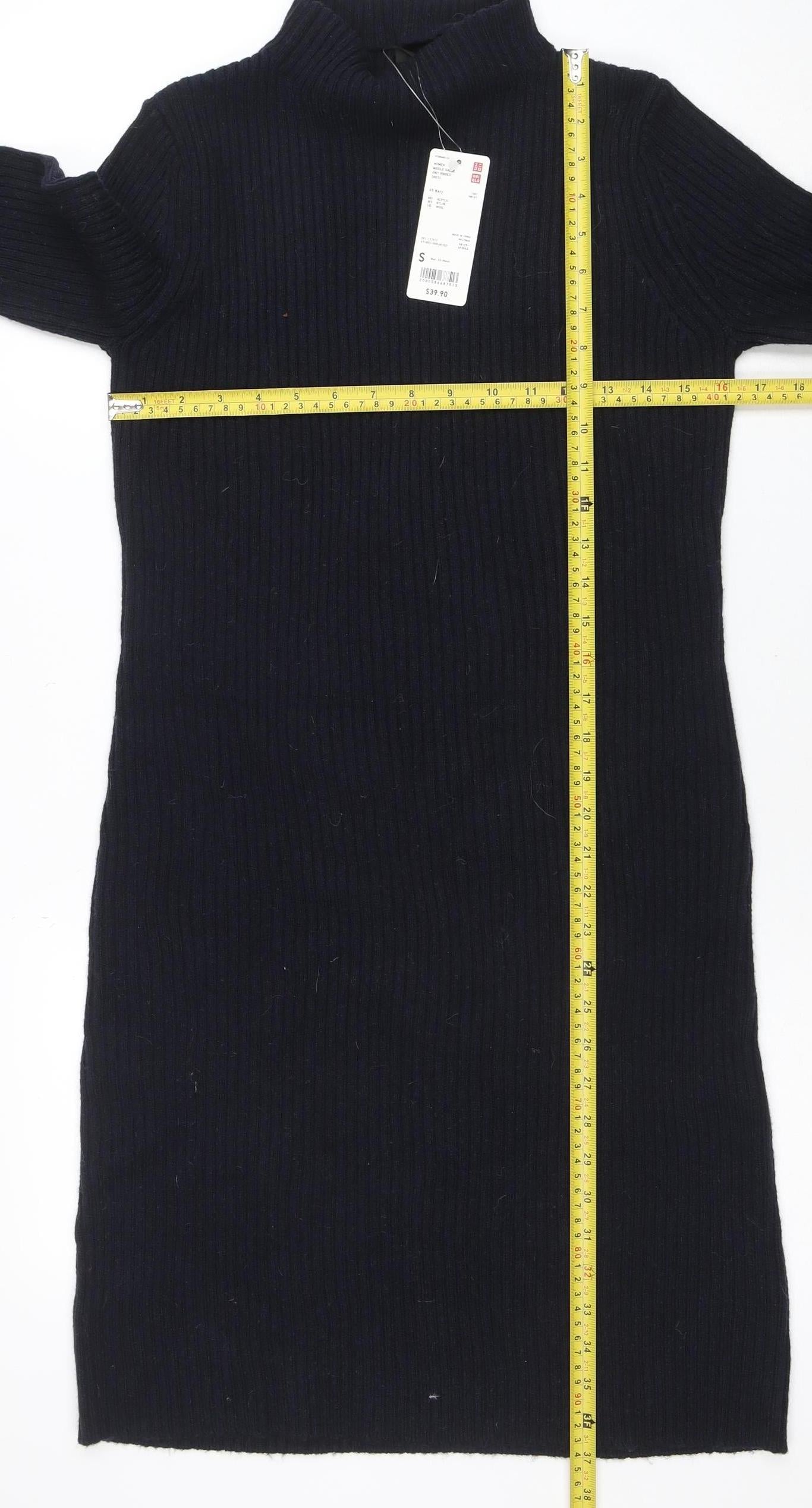 Uniqlo Women Black Knit Bodycon High Neck Long Sleeve Dress S