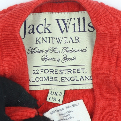 Jack Wills Women's Red Cable-Knit Wool Cotton Jumper UK 8