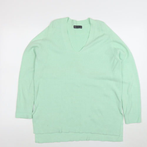 Marks and Spencer Women's Mint Green V-Neck Long Sleeve Jumper Size 12