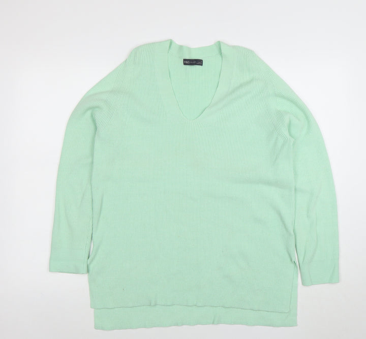 Marks and Spencer Women's Mint Green V-Neck Long Sleeve Jumper Size 12