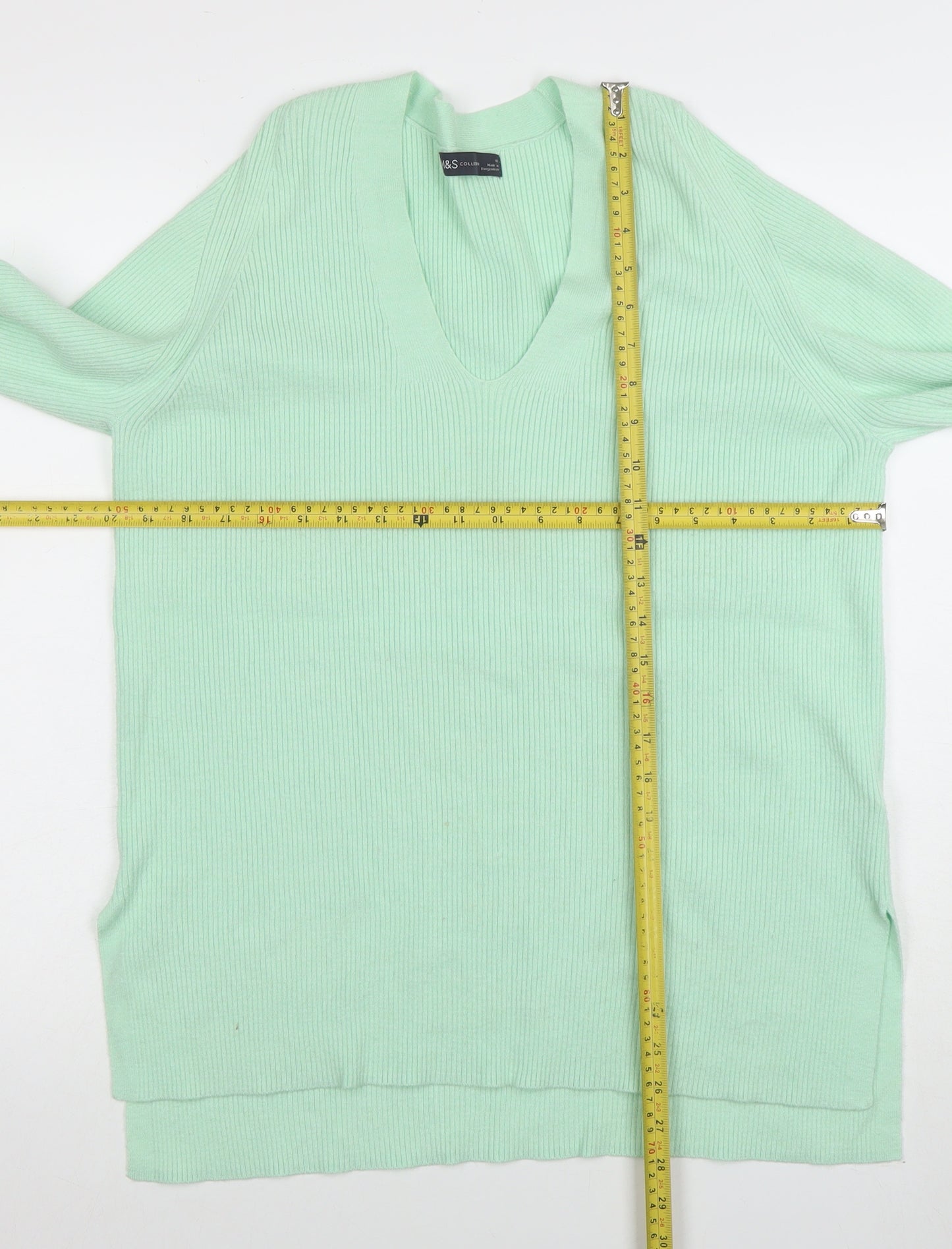 Marks and Spencer Women's Mint Green V-Neck Long Sleeve Jumper Size 12