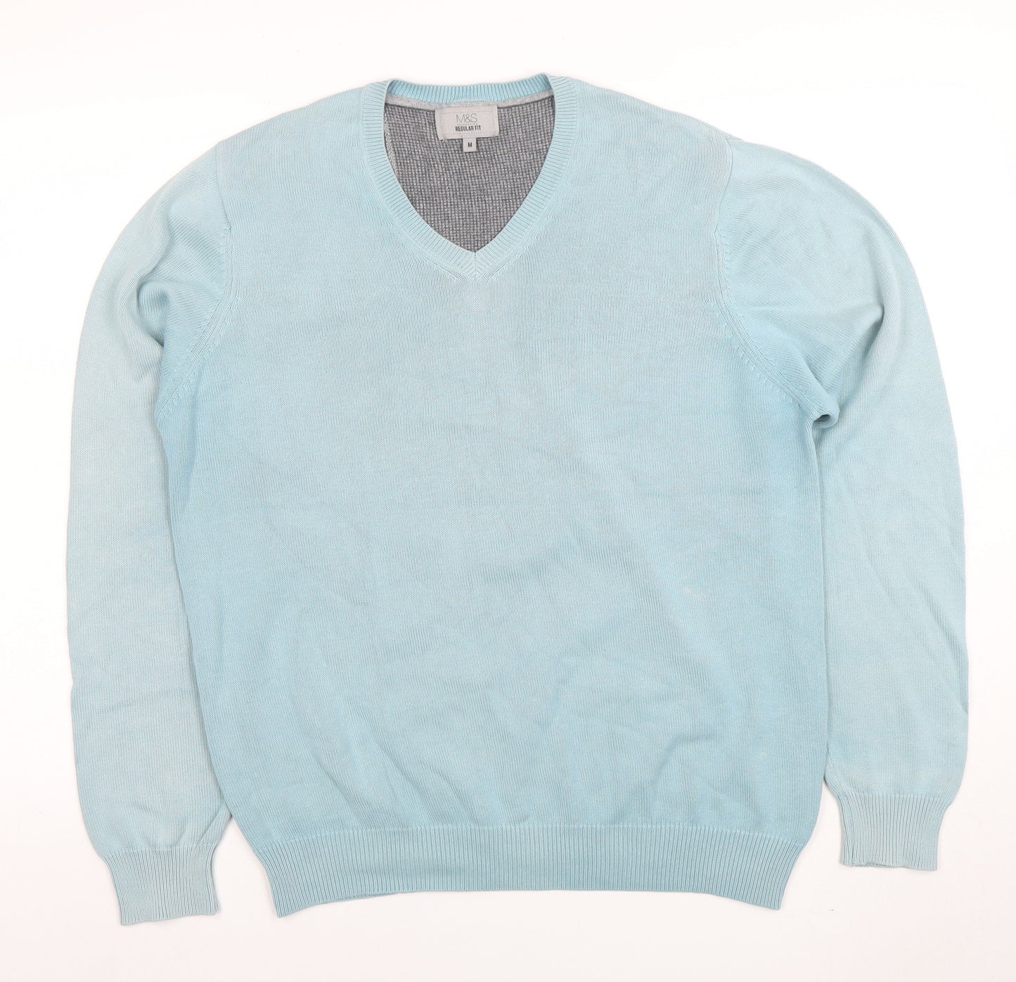 Marks and Spencer Mens Blue Cotton V-Neck Jumper M Regular Fit